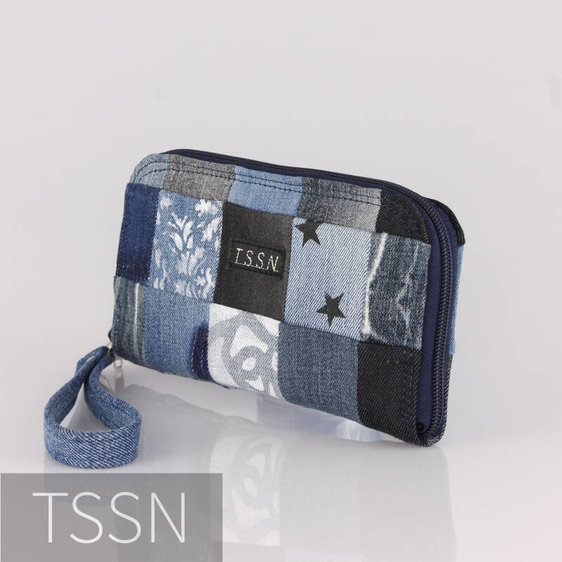 Portemonnee Maggy55 4, gemaakt van verschillende kleuren denim lapjes