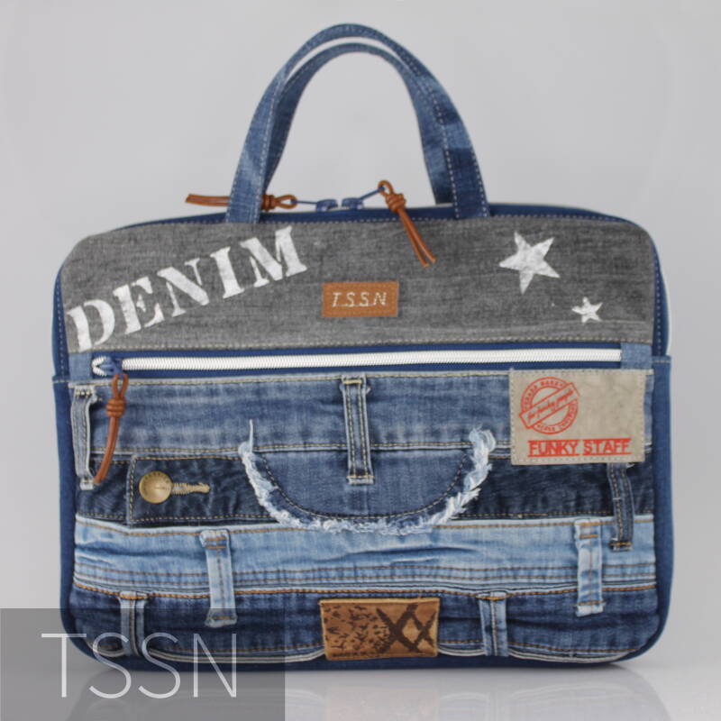 Denim laptoptas gemaakt van taillebanden van versleten spijkerbroeken