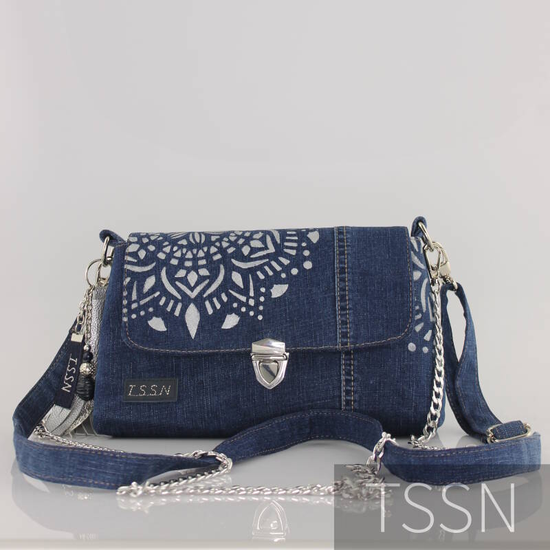 Denim herinneringstasje met verstelbare schouderband of tasketting.