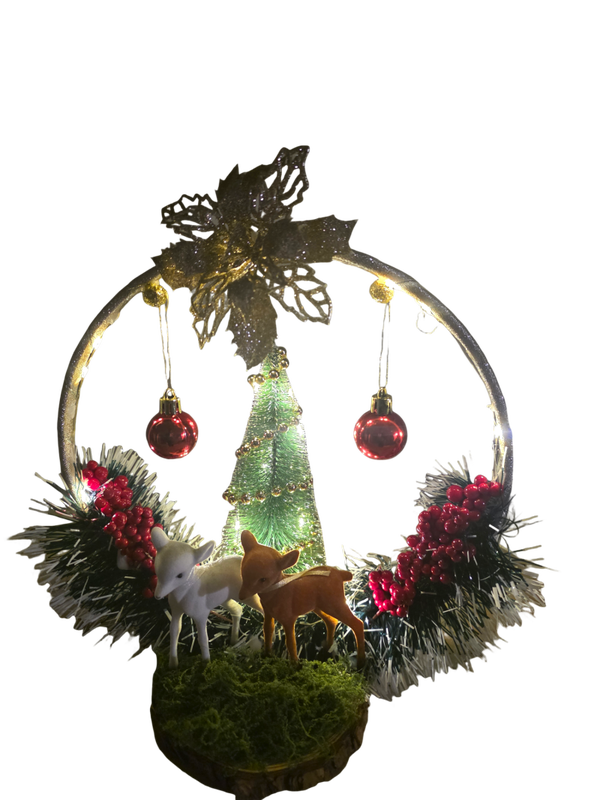 Cercle de Noël Lumineux "Rencontres Hivernales" – Décoration Faons et Forêt Fait Main (Pièce Unique)