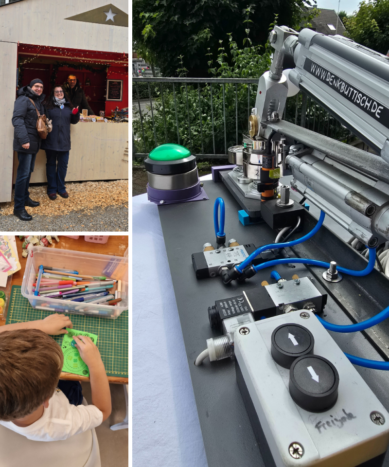 denkbuttisch auf Märkten mit Button-Workshop und automatischer Buttonmaschine