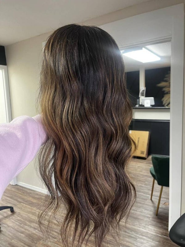 Sm to Med. cap size Virgin Human Hair wig Caramel Highlights with dark roots