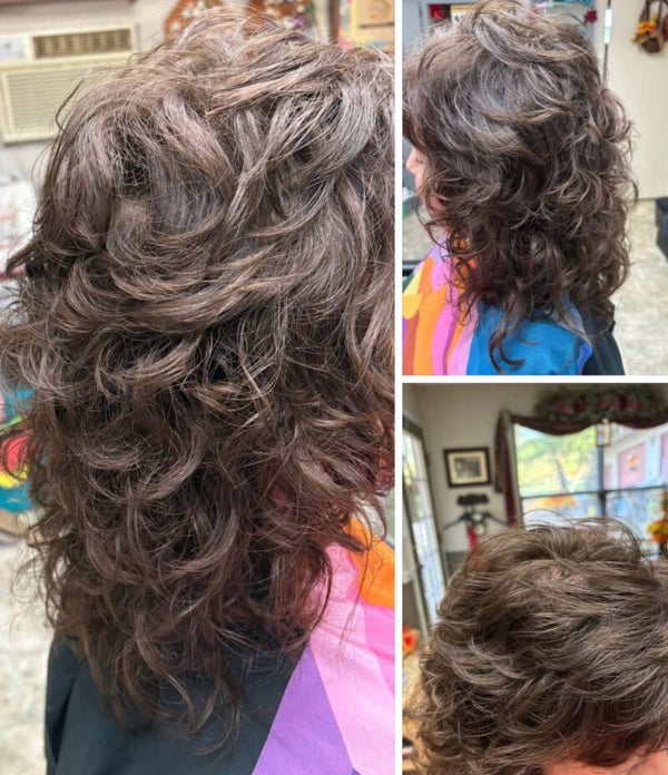 Virgin human hair , curly , shag hair cut, dark brown hair & gray
