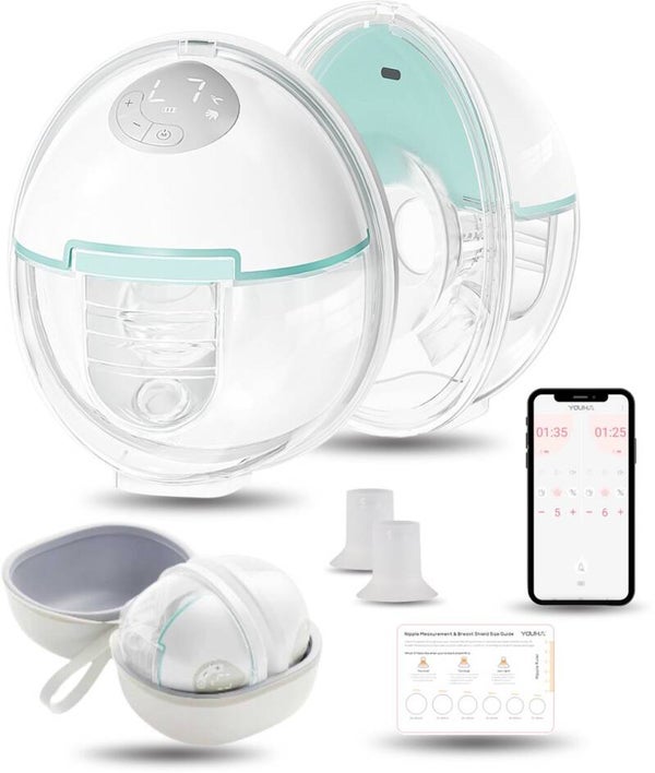 Youha Evera - Dubbele Borstkolf met App & LED-Scherm – Draadloos & Handsfree – 180 ml – Inclusief 17, 19, 21 en 24mm borstschild - Inclusief MamaCase, tepelmeter en bh-verlengers - 6 standen voor elke moeder