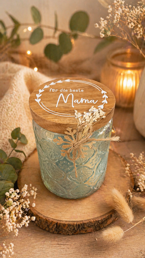 Glass mit Deckel mit Aufdruck "für die beste Mama* gross