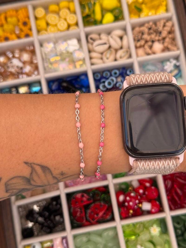 Bracelet maille argenté points rose clair ou foncé