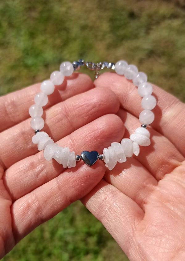 BIANCA | Bracelet acier et Pierres naturelles en Quartz Blanc & Hématite 6mm