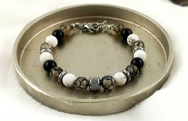 DRAGO | Bracelet pour homme Acier inoxydable réglable en Jaspe veine de Dragon, Onyx & Howlite