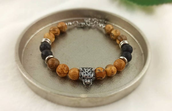 DIONYSOS | Bracelet pour homme Acier inoxydable réglable en Jaspe Paysage & Pierre de lave