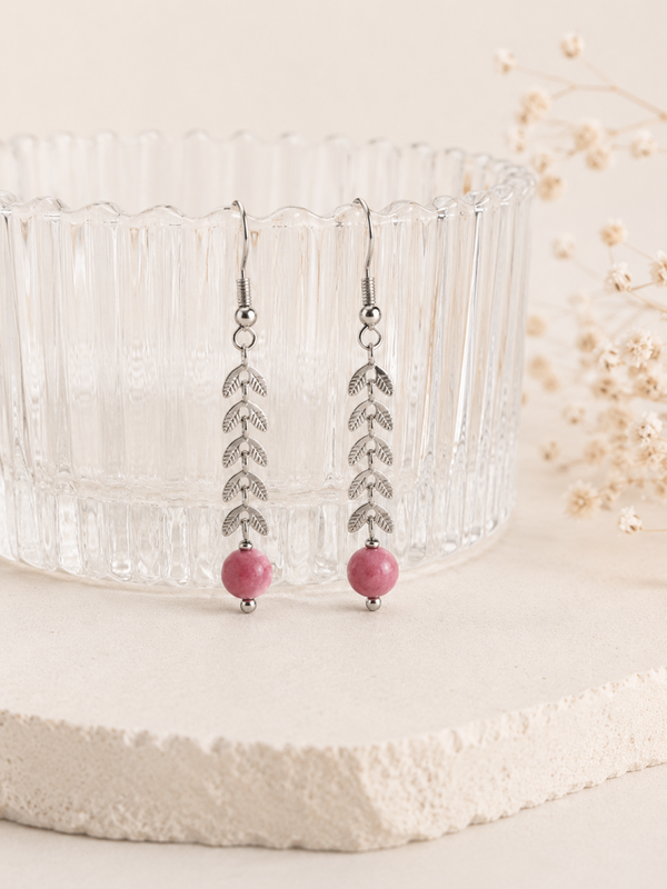Boucles d'oreilles feuilles Rhodonite