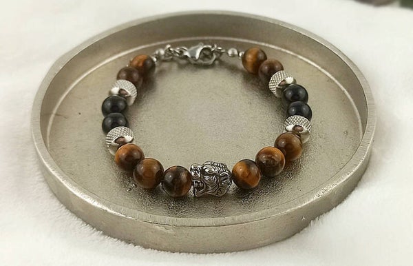 ISAO | Bracelet pour homme Acier inoxydable réglable en Œil de Tigre & Onyx