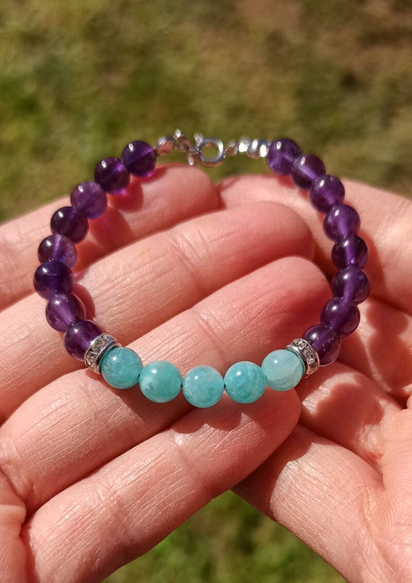 MYRA | Bracelet en acier et Pierres naturelles Améthyste & Amazonite 6mm