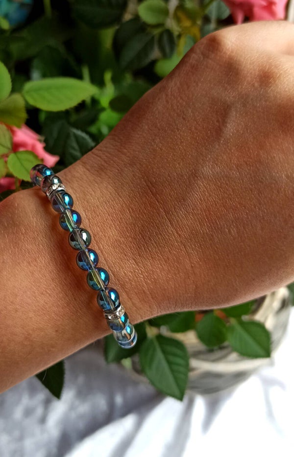 NEELA | Bracelet acier et Pierres naturelles en Quartz aura bleu 6mm