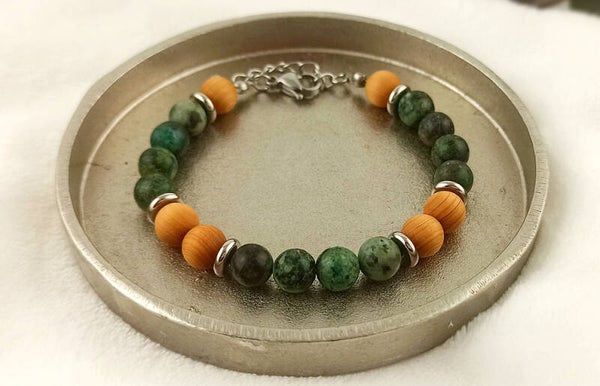 NEO | Bracelet pour homme Acier inoxydable réglable en Jaspe Africaine & Bois de Santal
