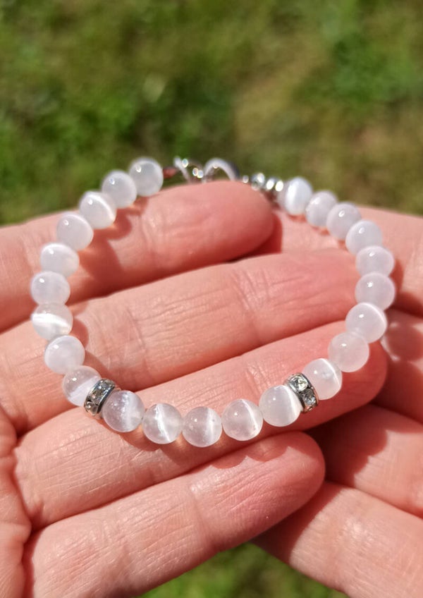 SÉLÉNÉ | Bracelet acier et Pierres naturelles en Sélénite 6mm