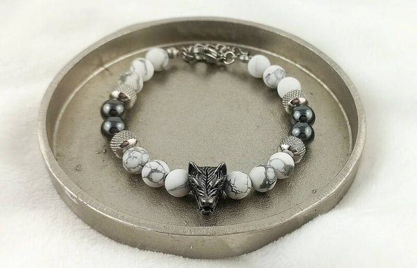 SIRIUS |  Bracelet pour homme Acier inoxydable réglable en Howlite & Hématite