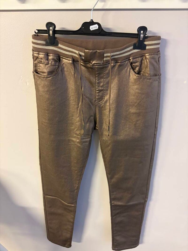 blinkende bruin/goudkleurige  broek ledder look