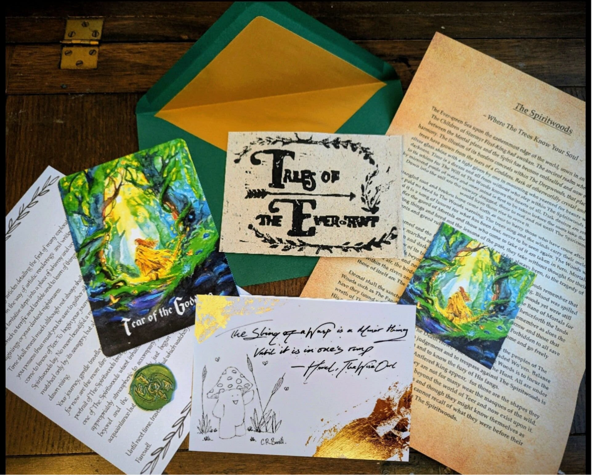 Laid upon the floor are parchment from Tales of The Ever-Awt,  a collection of relics from a magical world, displayed against a heavy wooden medieval farmhouse door.  A quill and old books Illuminated by a vintage lantern.