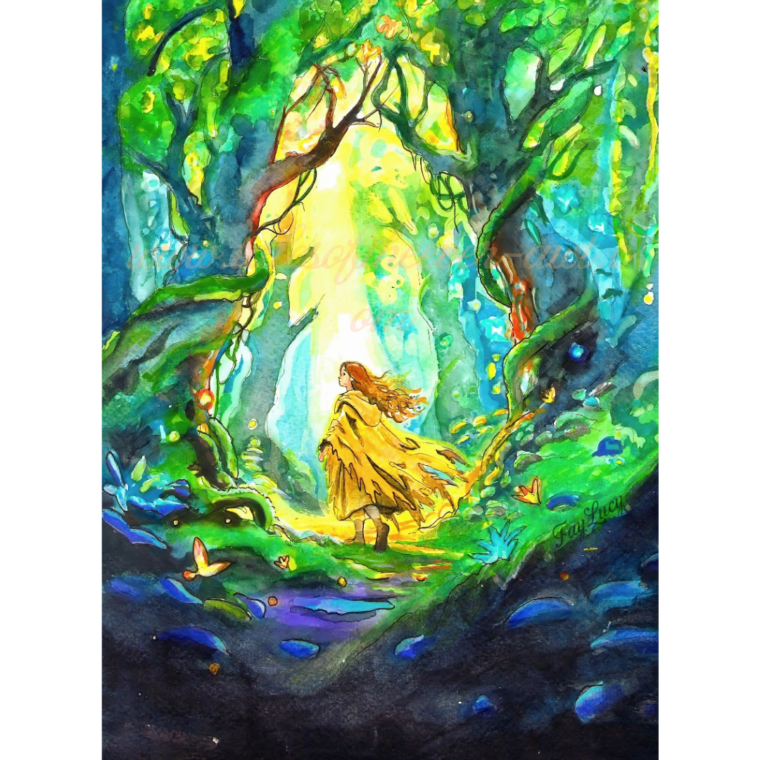 A girl walking through a woodland highlighted by the sun beaming through the trees. Multi colour flowing watercolor image of woodland of magics, A dark and whimsical fairytale within a fantasy worldairytale 