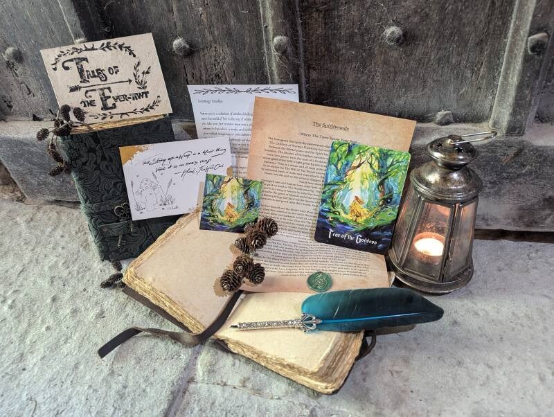 Laid upon the floor are parchment from Tales of The Ever-Awt,  a collection of relics from a magical world, displayed against a heavy wooden medieval farmhouse door.  A quill and old books Illuminated by a vintage lantern.