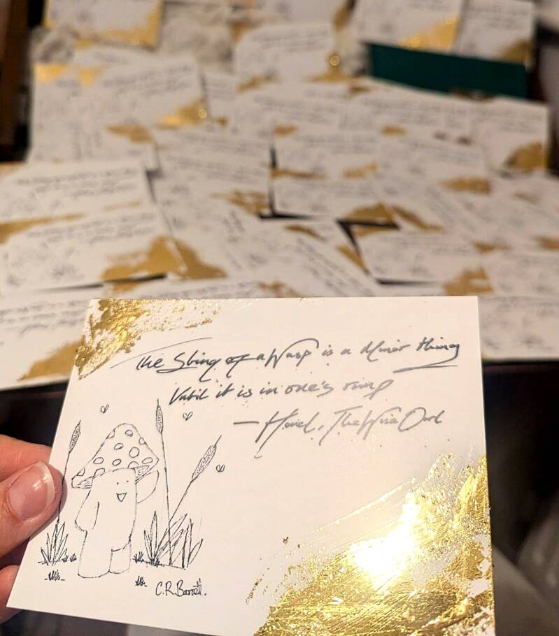 gold leaf quote card with cute mushroom illustration