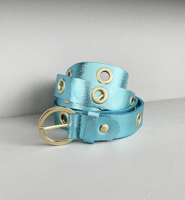 Leather riem - metaillic blauw