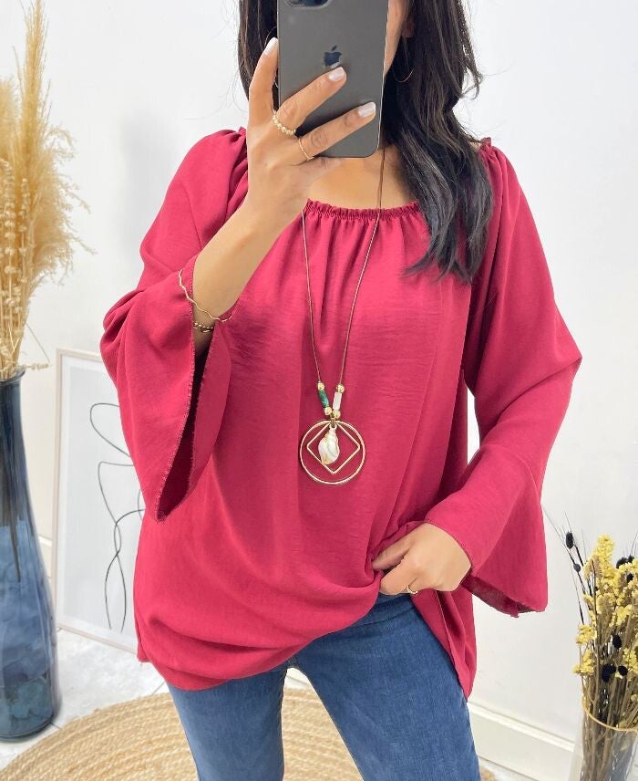 Top off-shoulder - bordeaux + ketting