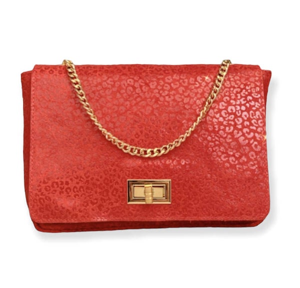 Red leopard leather bag