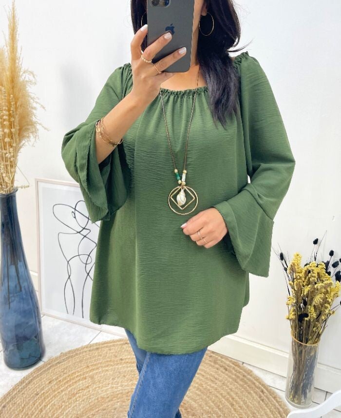 Top off-shoulder - groen + ketting