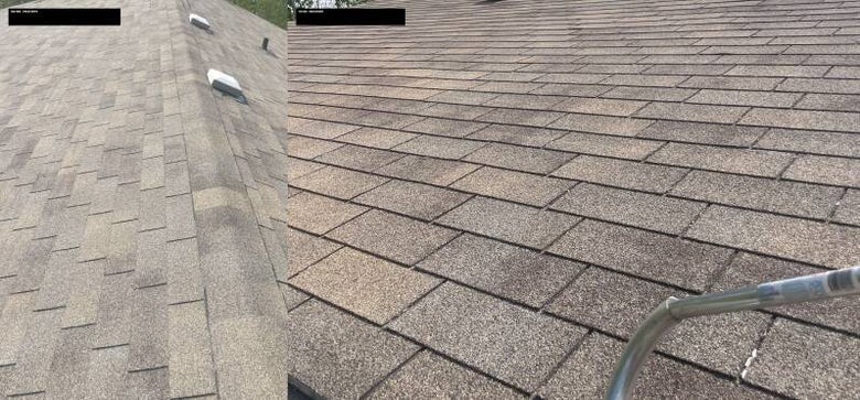 Before and after image of asphalt shingles treated with GoNano roof rejuvenation in Winnipeg