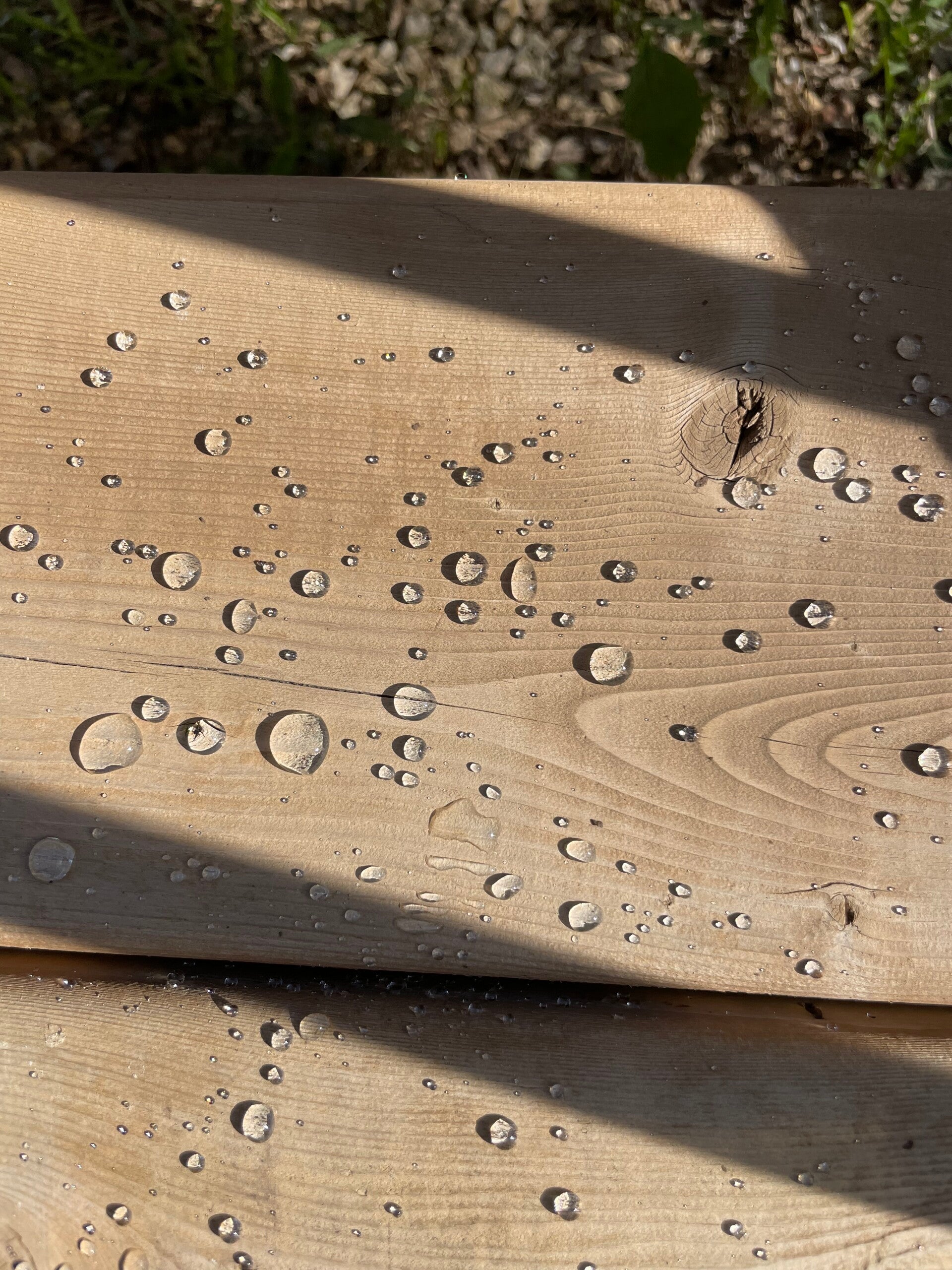 Water droplets beading on treated wood deck showing moisture protection