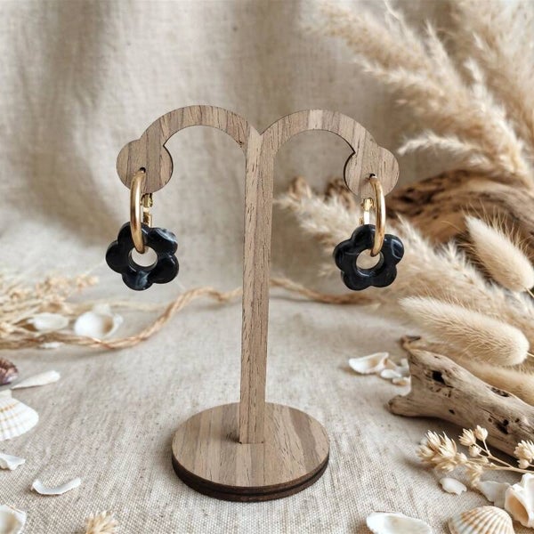 Boucles d'oreilles créoles doré et fleurs Noir