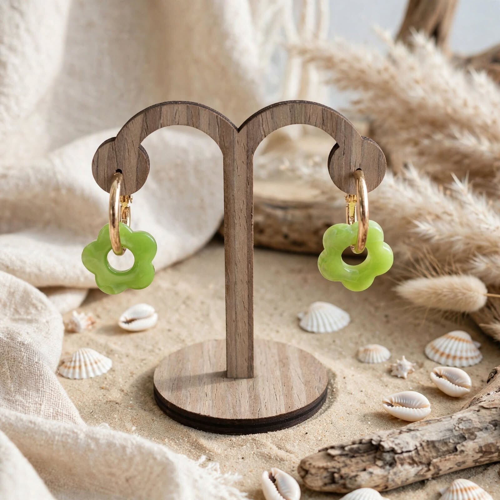 Boucles d'oreilles créoles doré et fleurs Vert