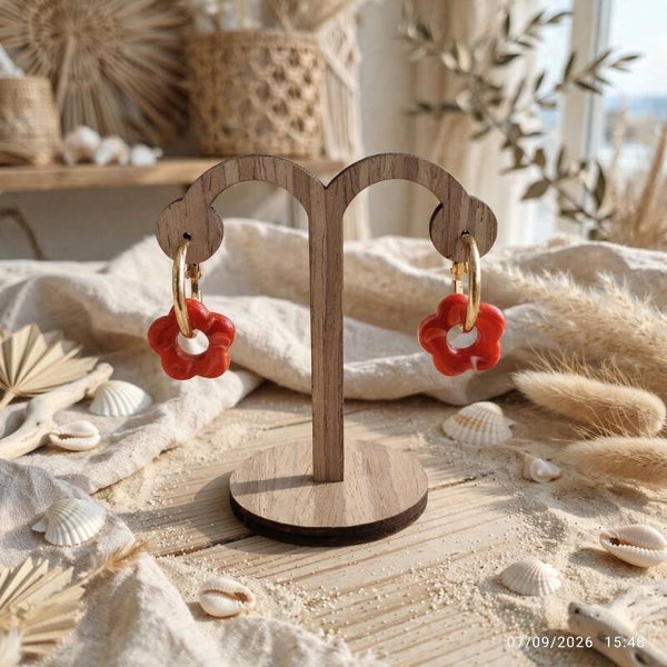 Boucles d'oreilles créoles doré et fleurs Acajou
