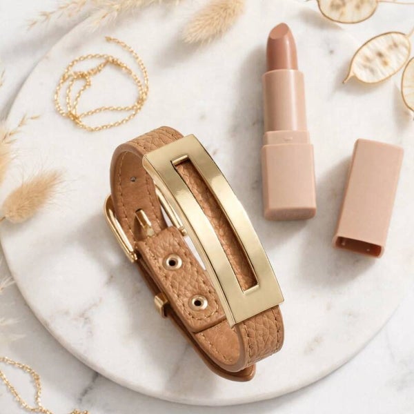 Bracelet ceinture en PU - Plaque dorée - Marron