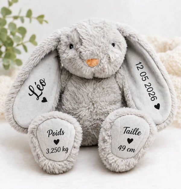 Peluche lapin gris personnalisée – Prénom, naissance, poids & taille
