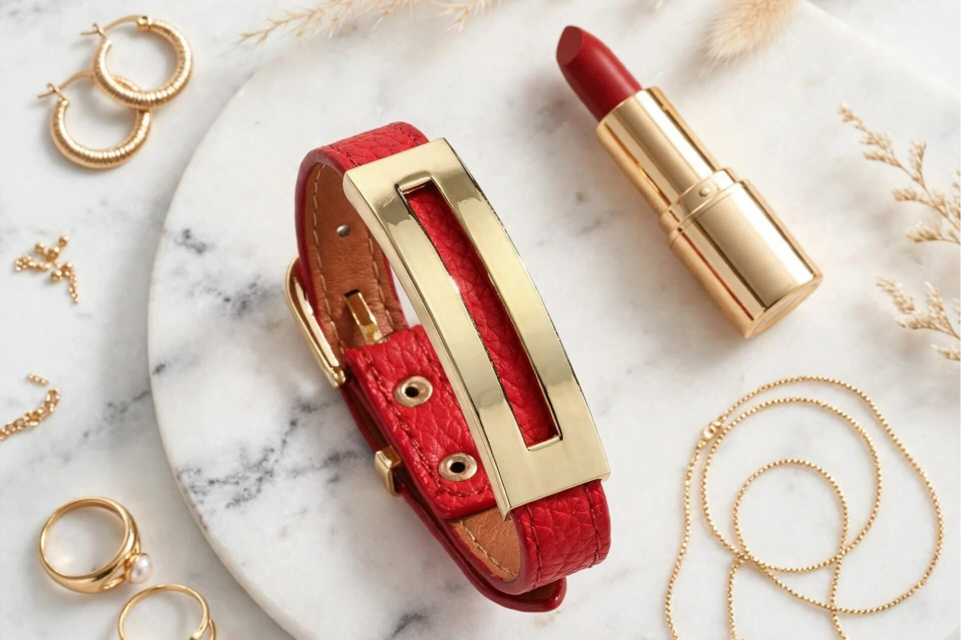 Bracelet ceinture en PU - Plaque dorée - Rouge