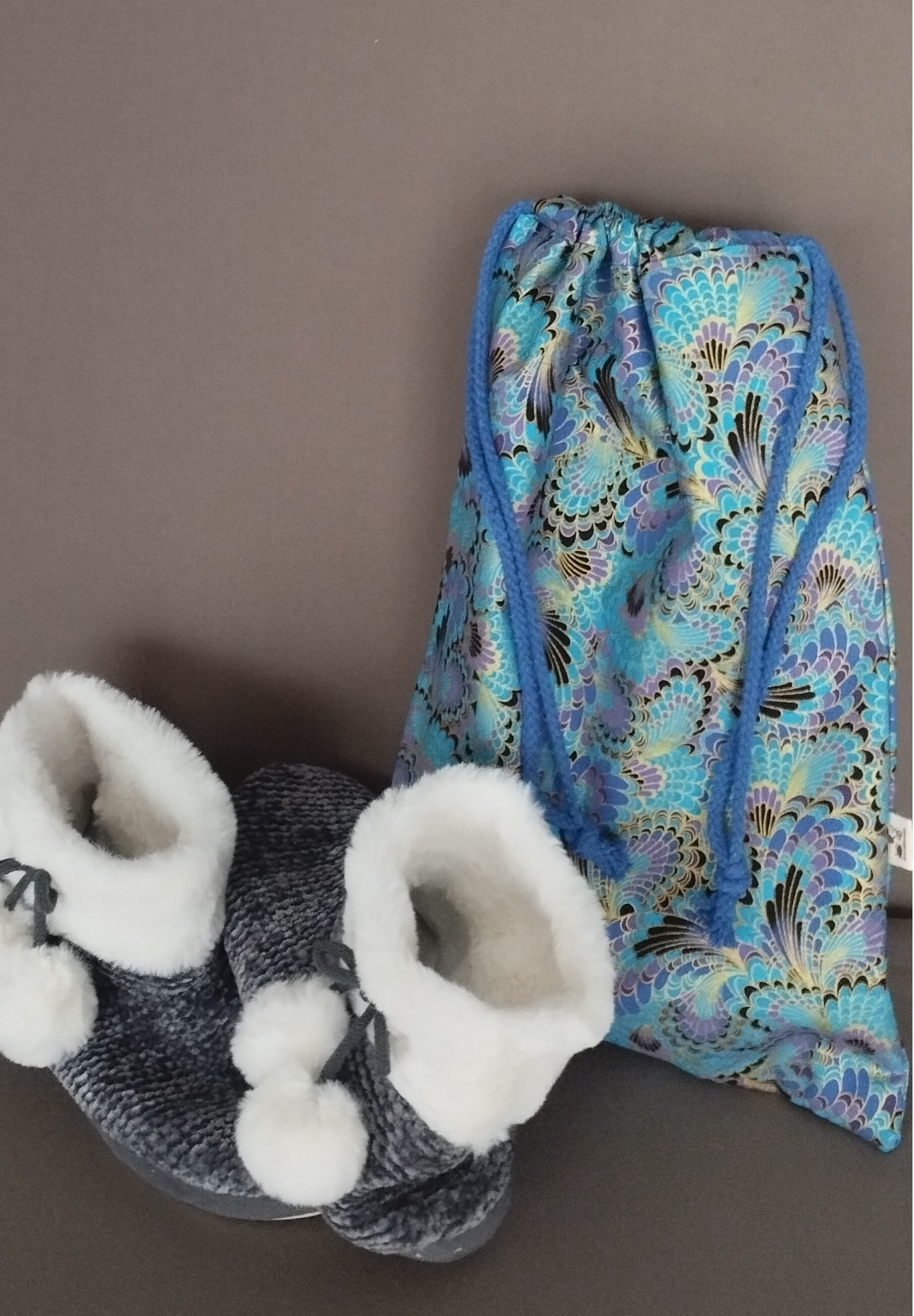 Sac à chaussons paon turquoise et doré