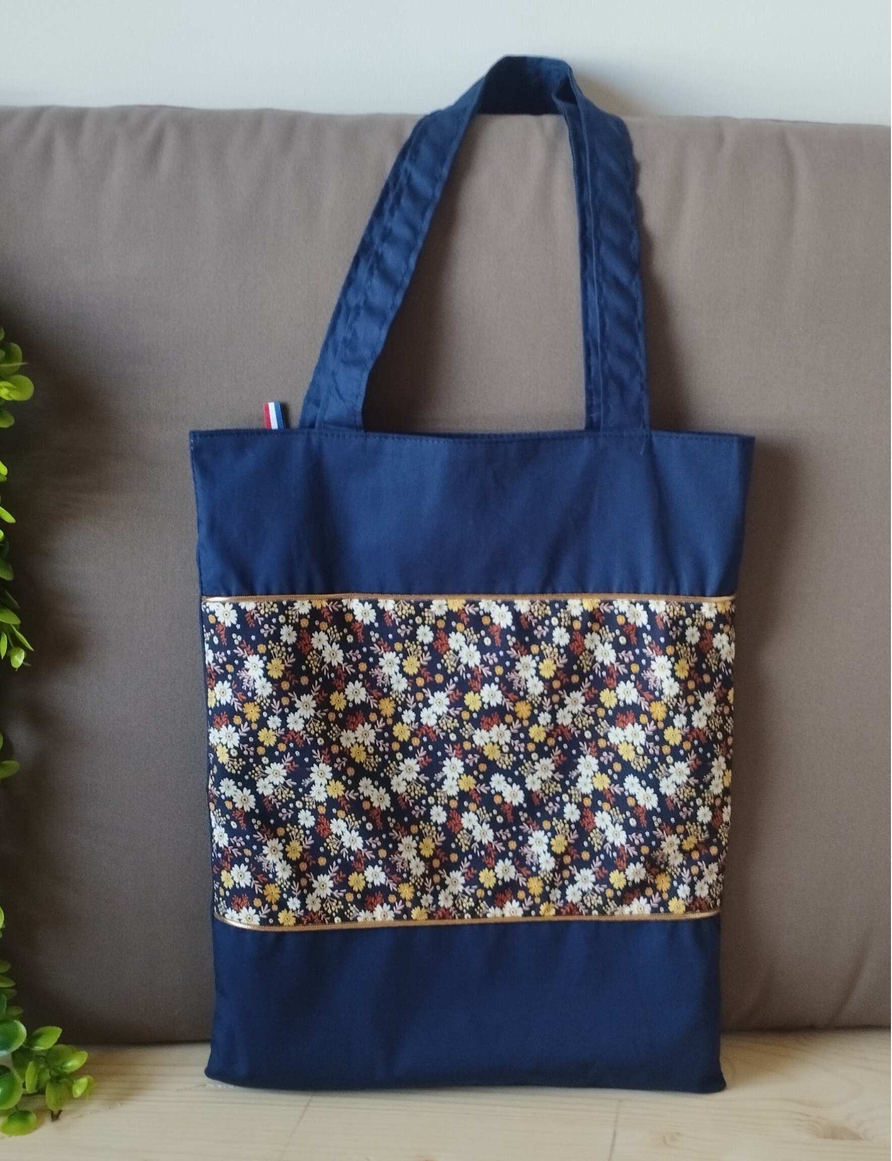 Tote bag marine fleurs jaune