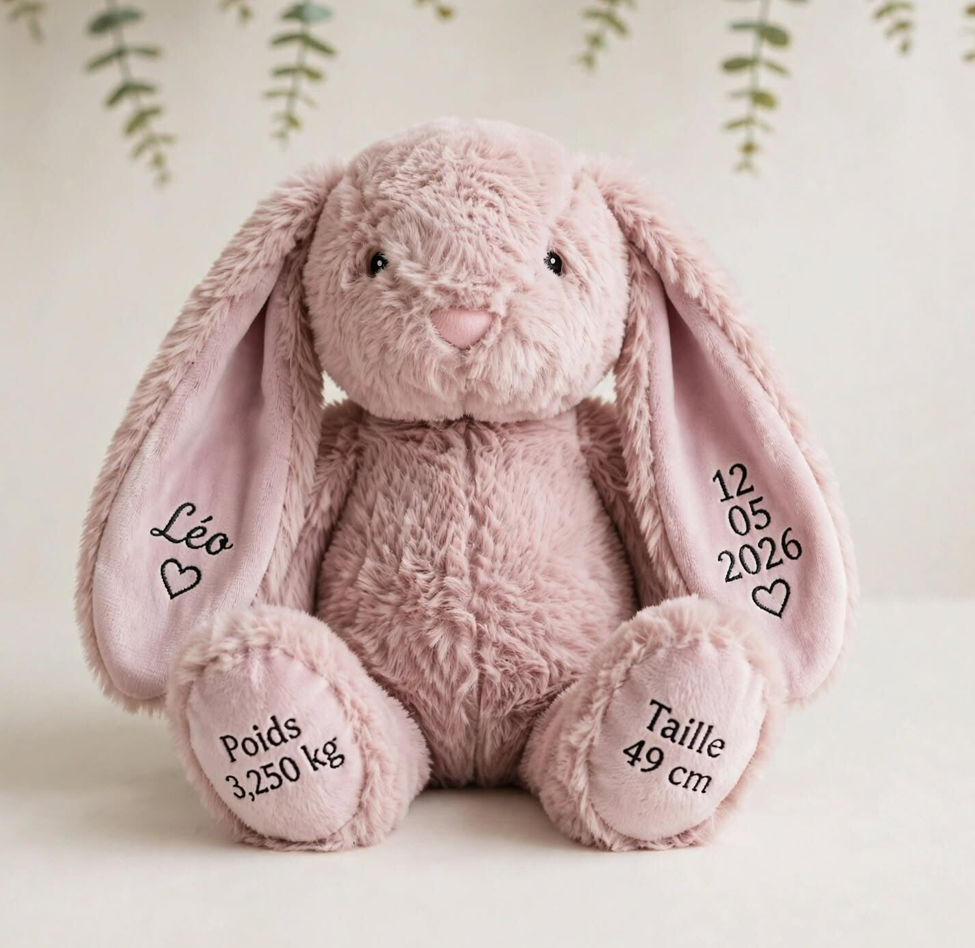Peluche lapin rose personnalisée – Prénom, naissance, poids & taille