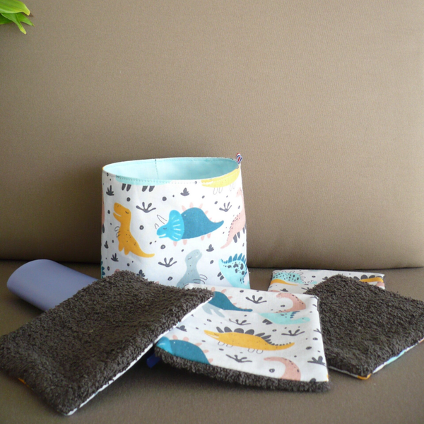 Panière avec lingettes réutilisables dinosaures