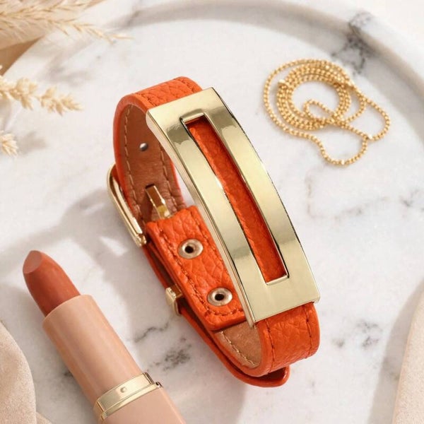 Bracelet ceinture en PU - Plaque dorée - Orange