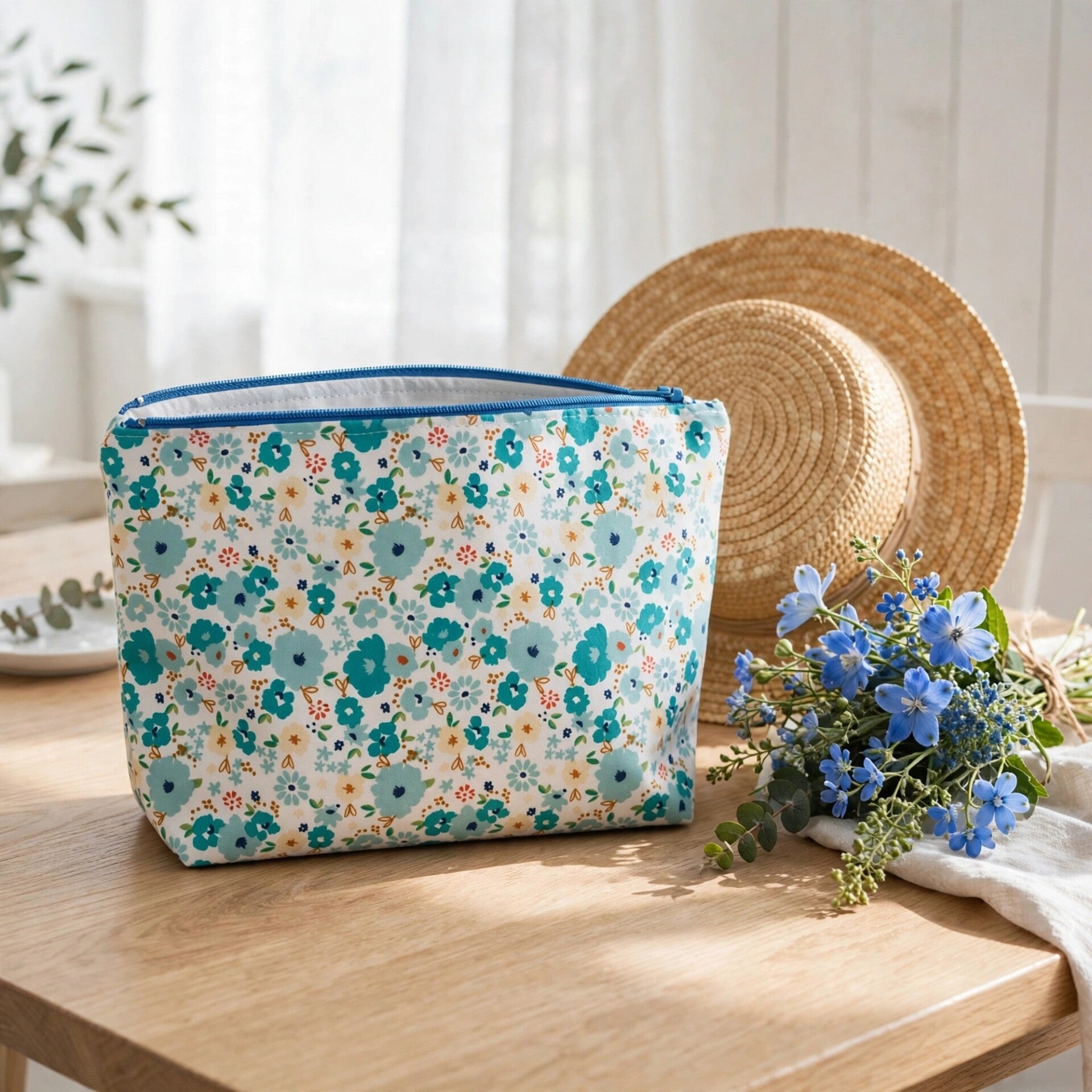 Trousse multi-usages fleurs turquoise zip bleu