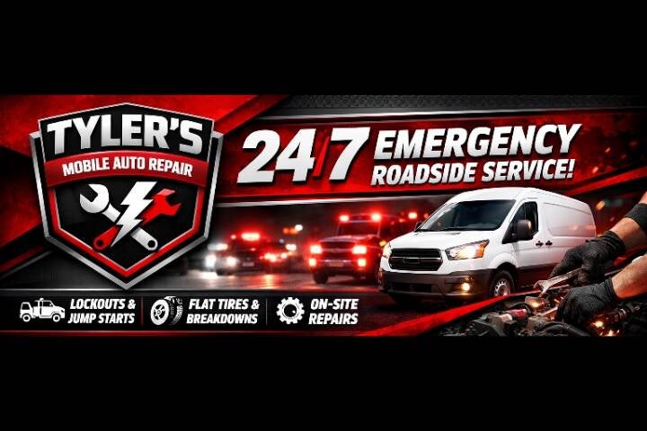 Sved Mobile Mechanic service ad with Van Tyler's mobile auto repair guy with wrench in hand on site repairs flat tires and breakdowns lockouts and jump starts