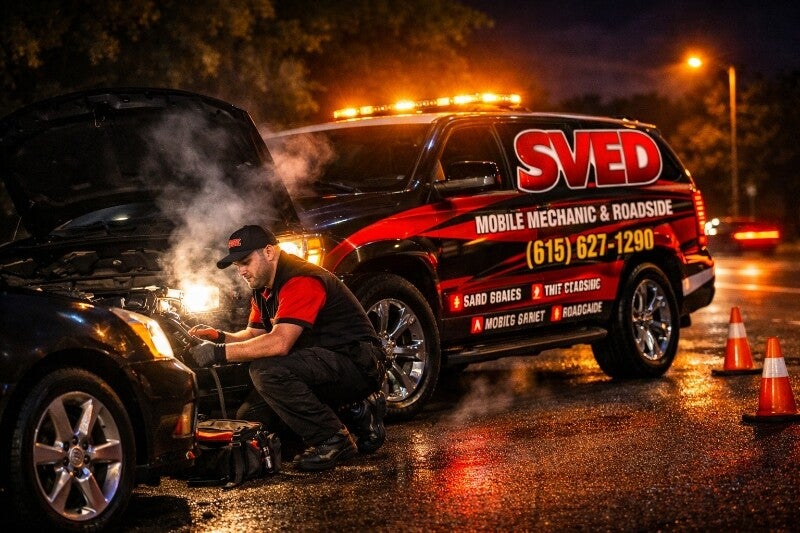 Sved Mobile Mechanic works late at night 24/7 car smoking mechanic diagnosing in Nashville