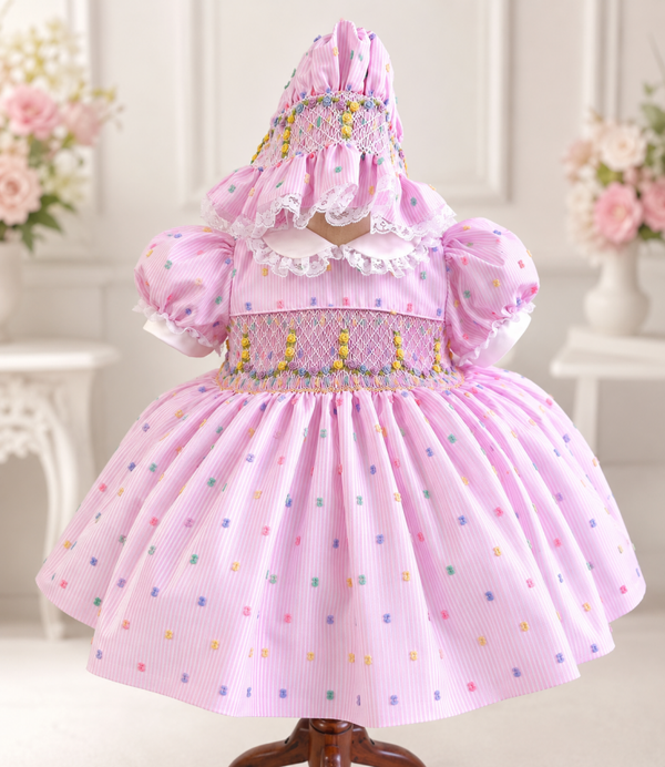 Premium Swiss- Dot  Dress & Bonnet