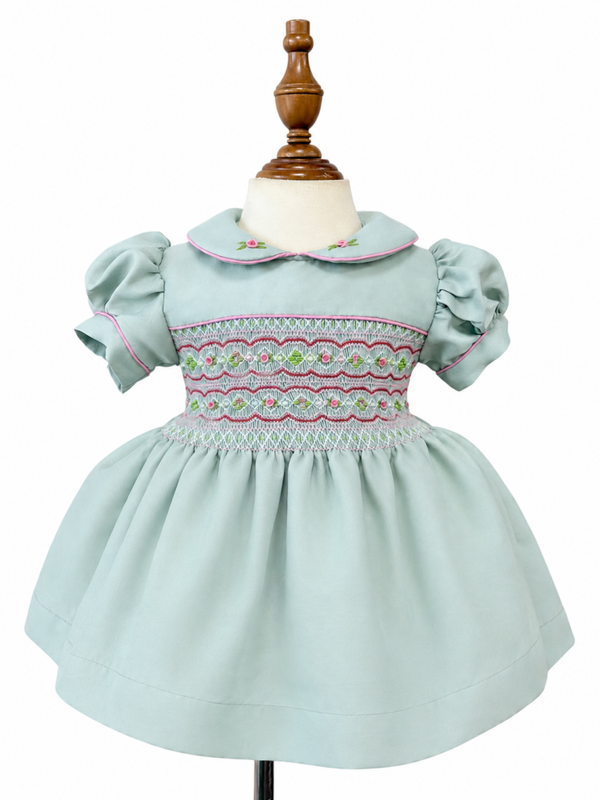 Sage & Pink Dress with pearl detai.