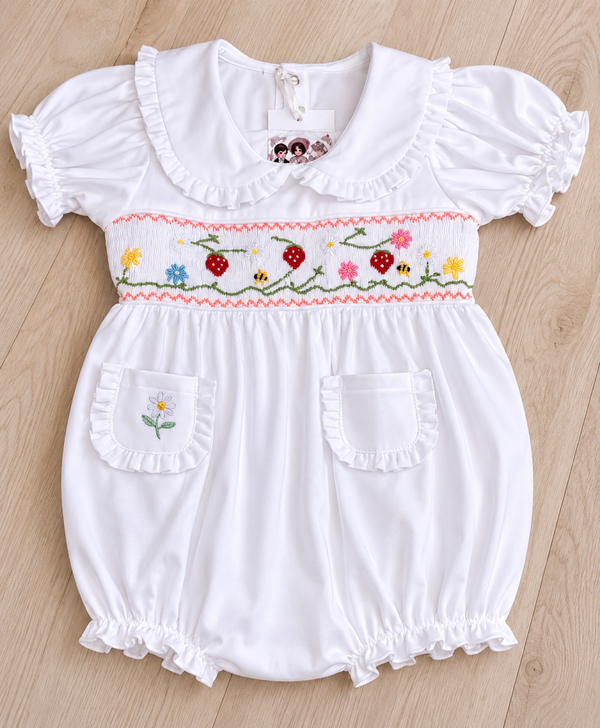 White Strawberry/ Bee Pima Romper .