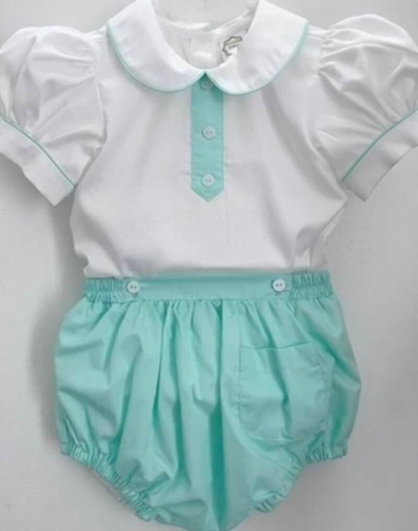 Boys Mint & White front pocket romper