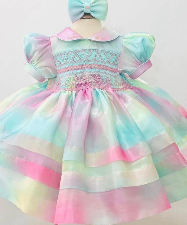 Organza Pastel Rainbow Hand-Smocked Dress